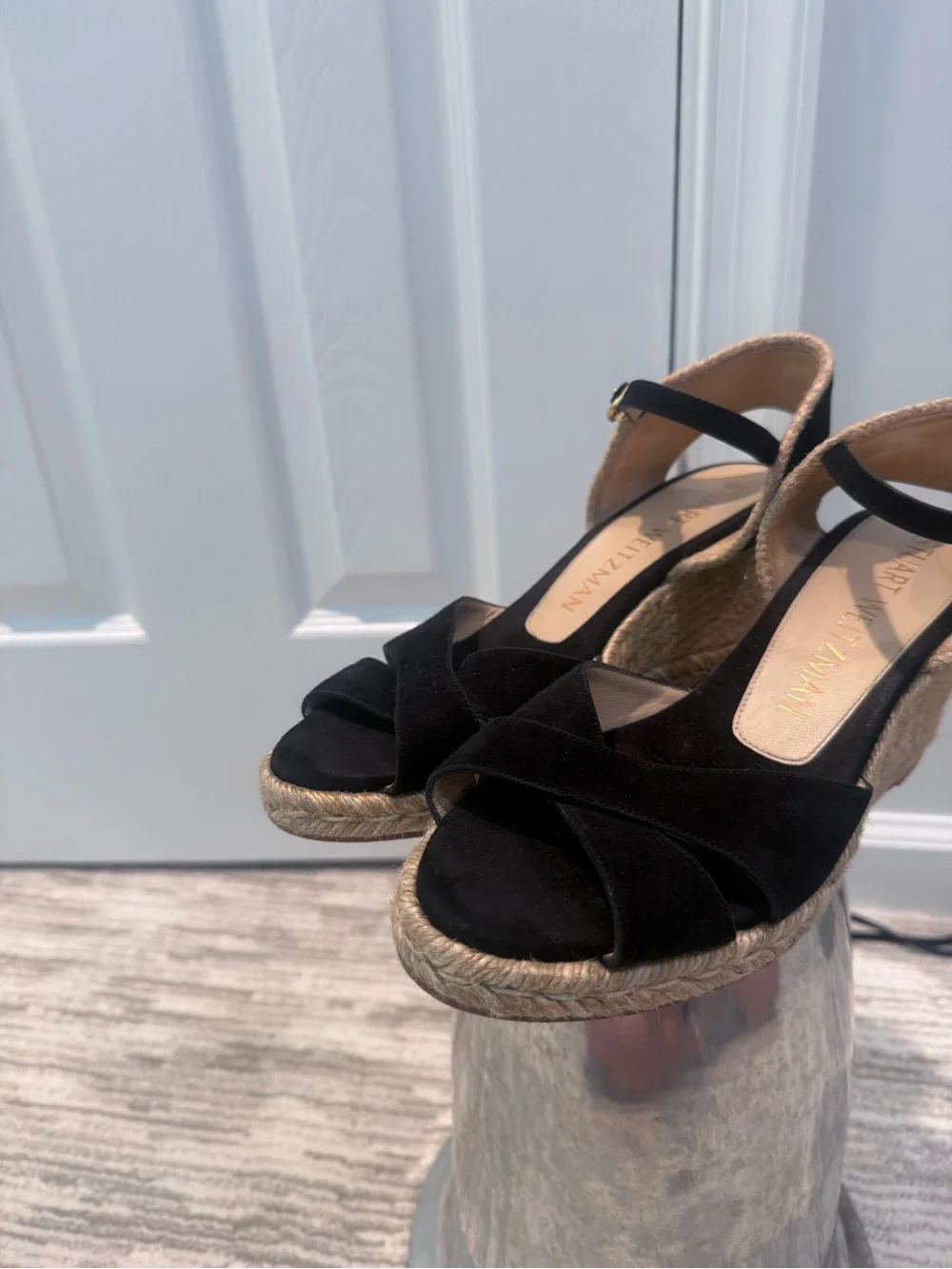 Stuart Weitzman Black Suede Espadrille Wedge Sandals with Ankle Strap - Picture 2 of 9